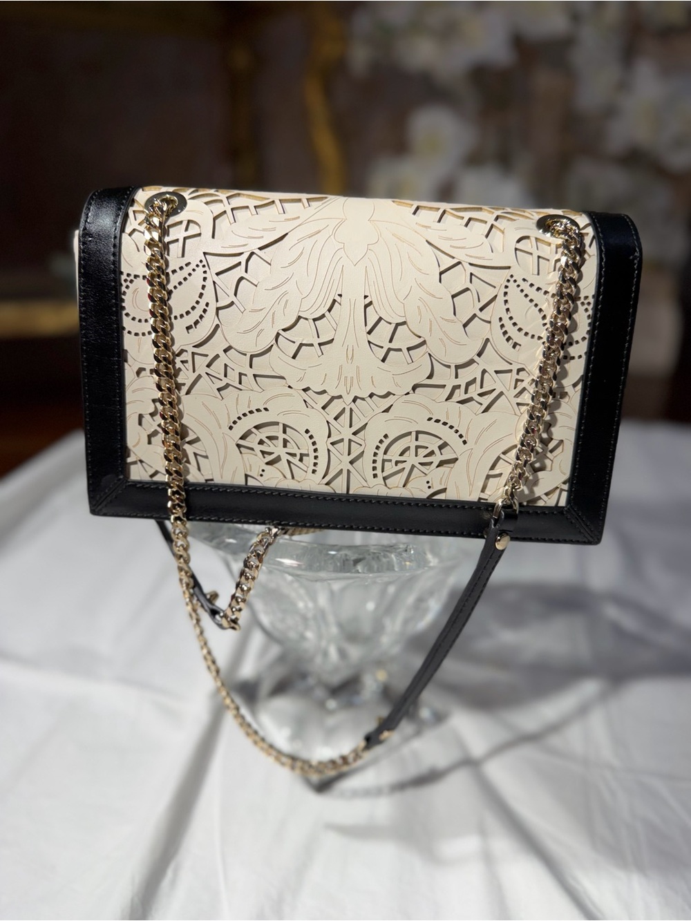 Cavalli Class Black and Cream Laser-Cut Chain Shoulder Bag